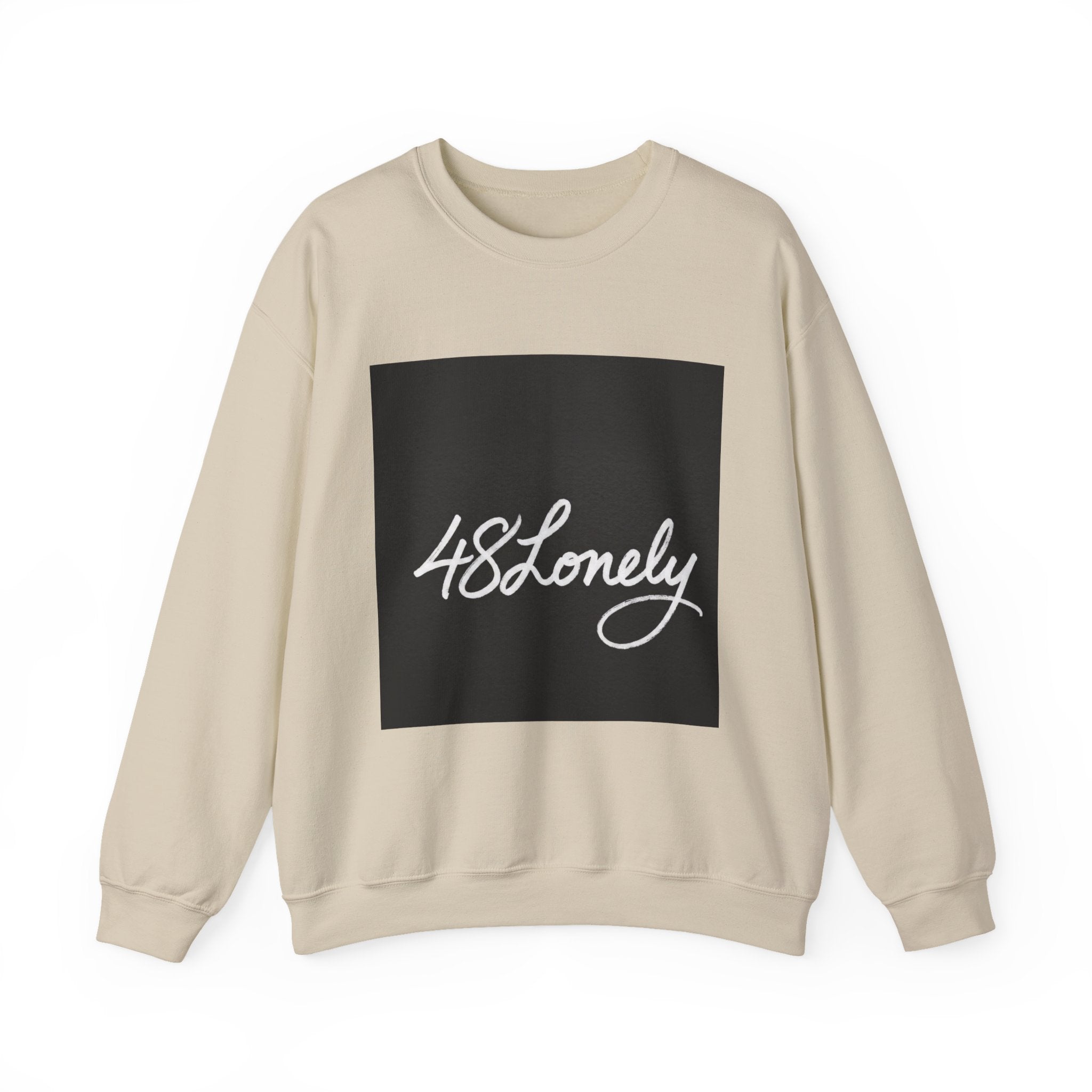 Crewneck Sweatshirt — Minimal '48Lonely' Script Graphic, Monochrome Casual Pullover