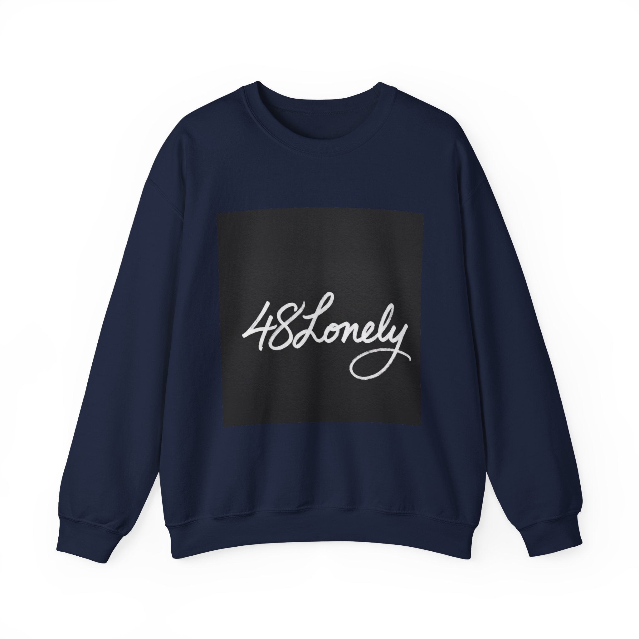Crewneck Sweatshirt — Minimal '48Lonely' Script Graphic, Monochrome Casual Pullover