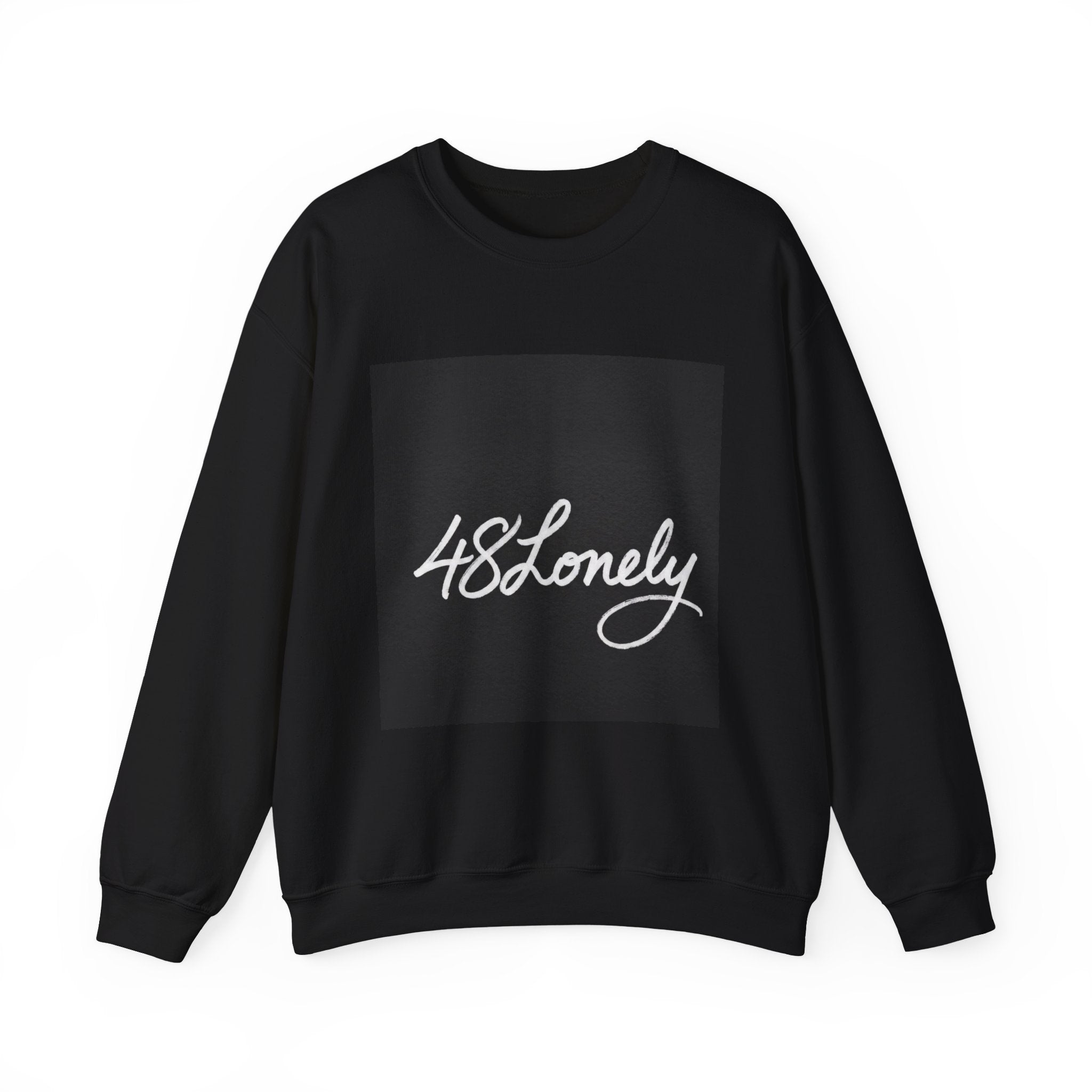 Crewneck Sweatshirt — Minimal '48Lonely' Script Graphic, Monochrome Casual Pullover