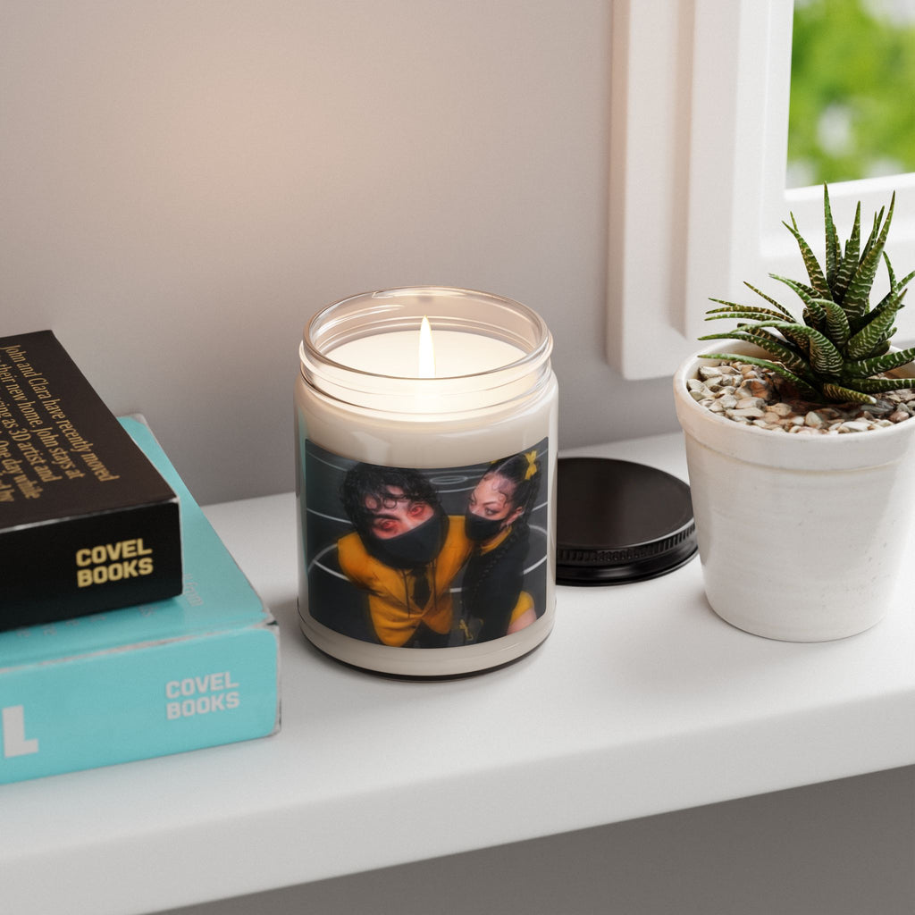 Photo-Print Soy Candle — Cozy Scented 9oz Jar (Custom Masked Couple Image)