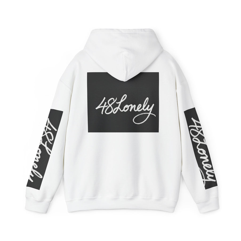 48Lonely Signature Hoodie — Graphic White Pullover with Sleeve Script