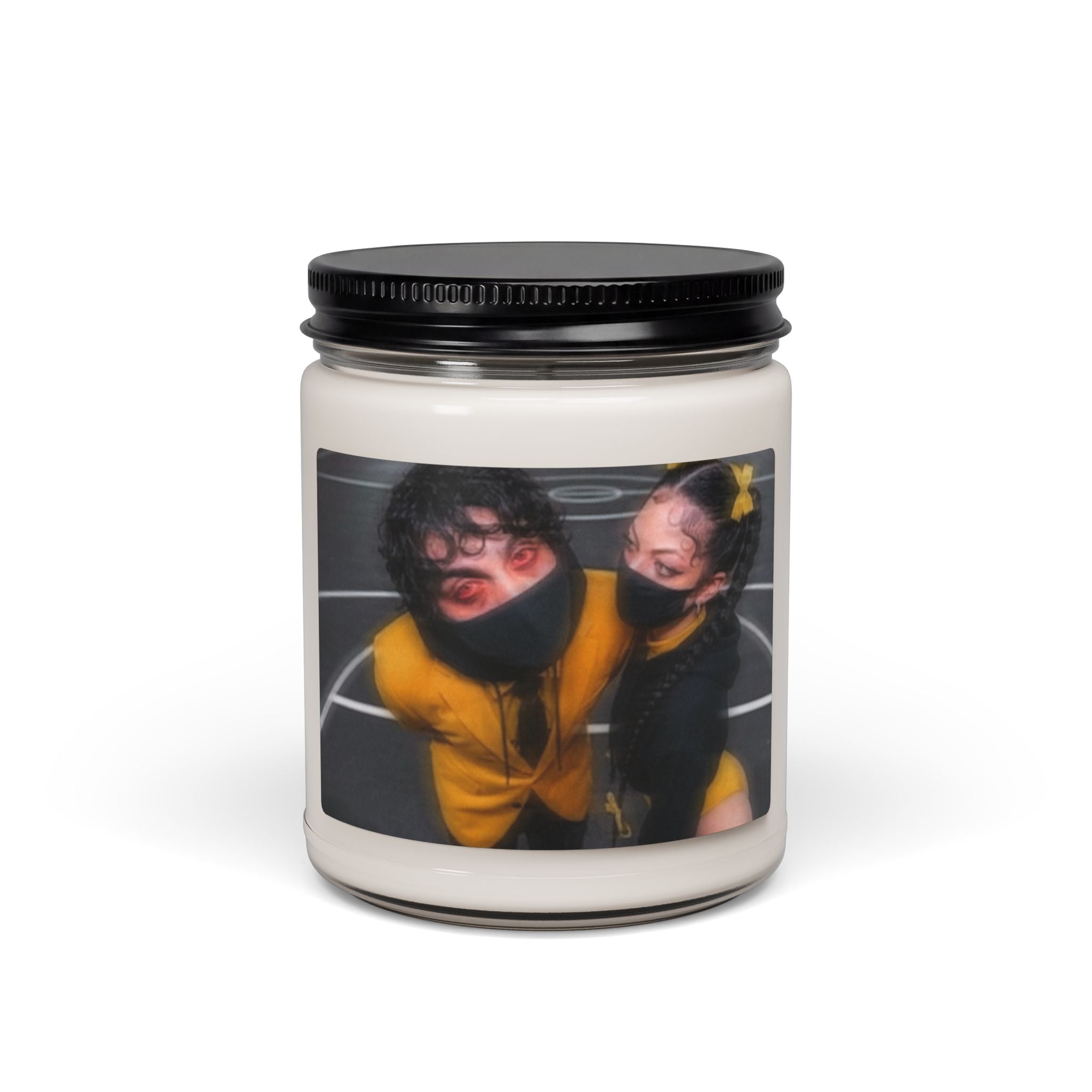 Photo-Print Soy Candle — Cozy Scented 9oz Jar (Custom Masked Couple Image)