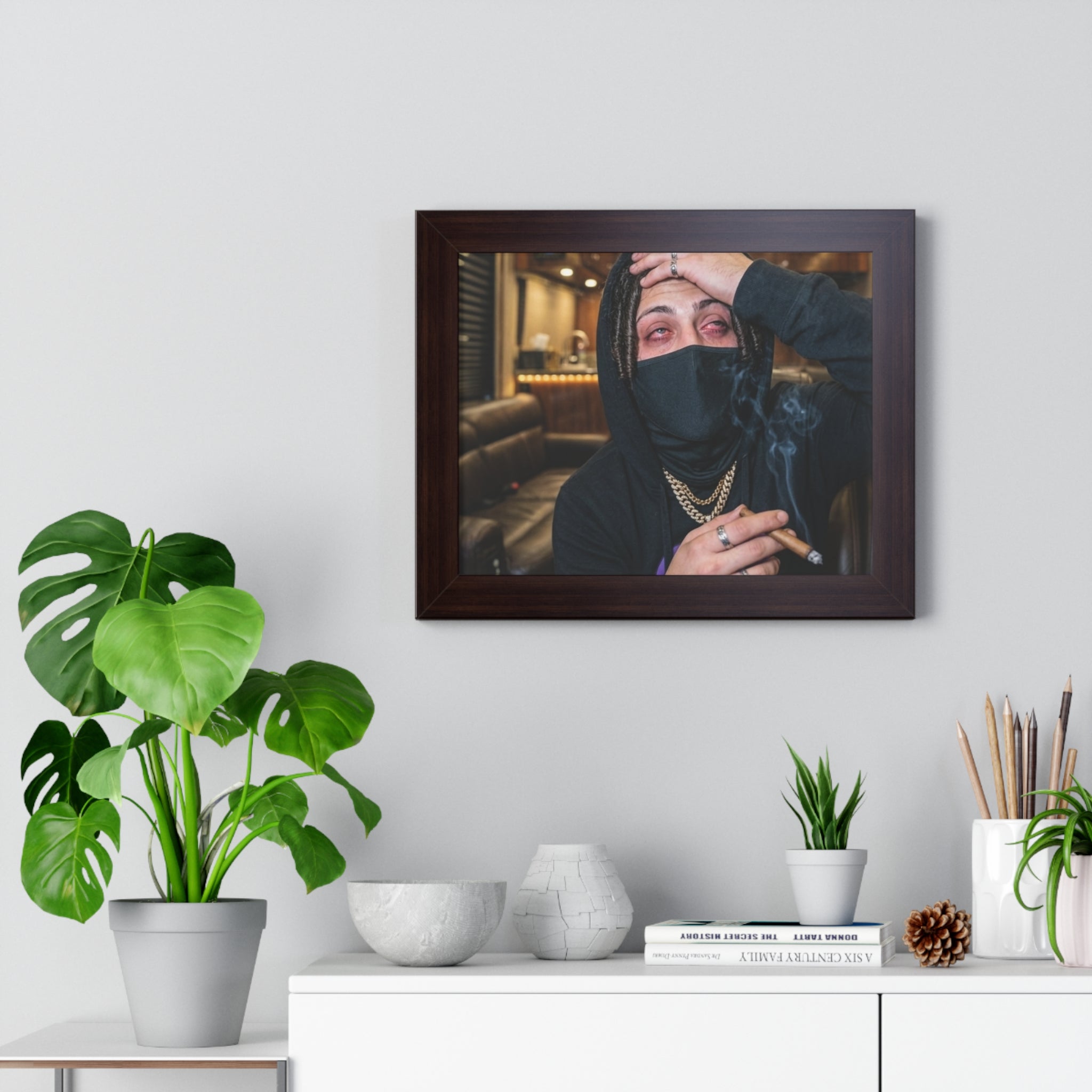 Framed Poster — Edgy Masked Rapper Portrait Wall Art