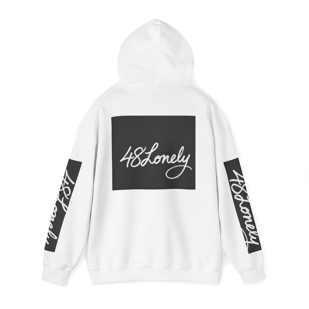 48Lonely Signature Hoodie — Graphic White Pullover with Sleeve Script