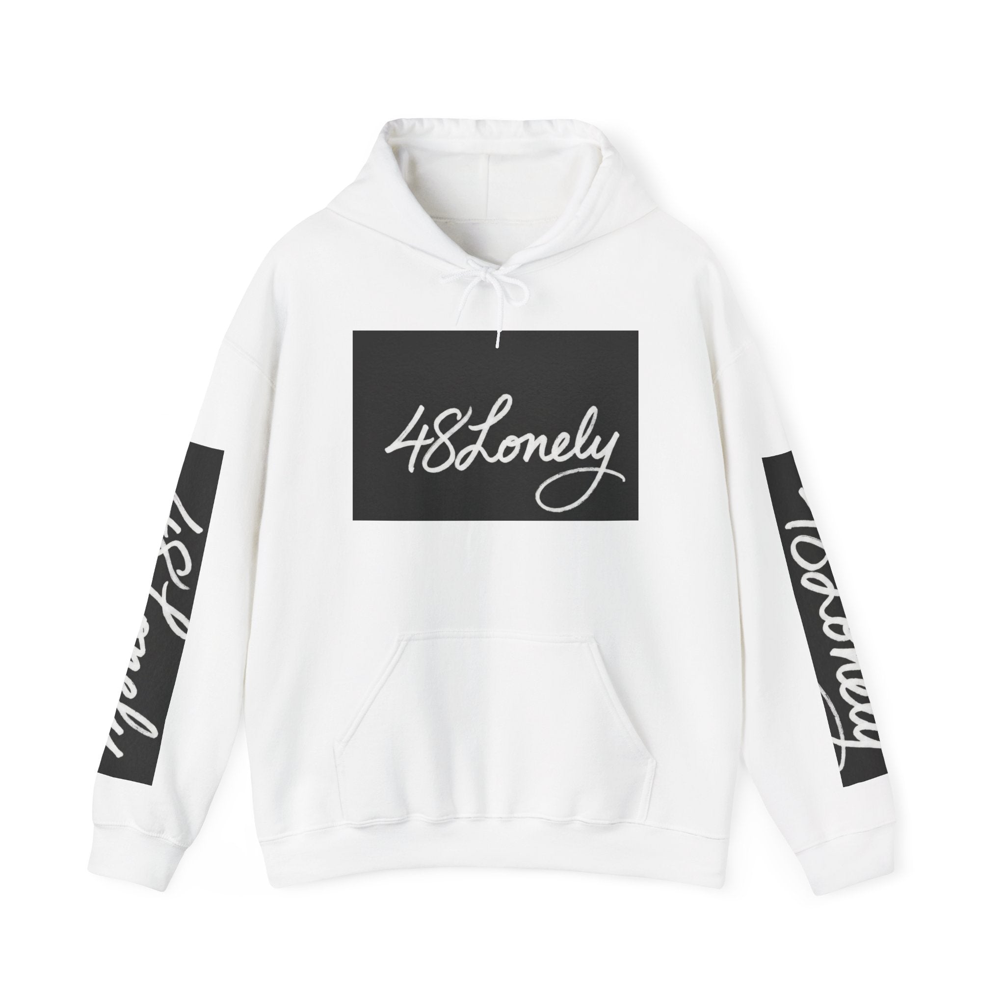 48Lonely Signature Hoodie — Graphic White Pullover with Sleeve Script